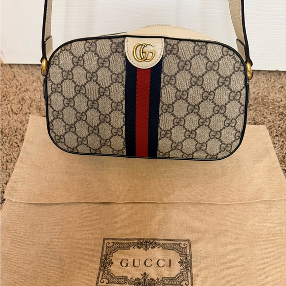 Gucci Handbags - Gucci Beige Crossbody Bag with Navy and Red Stripes